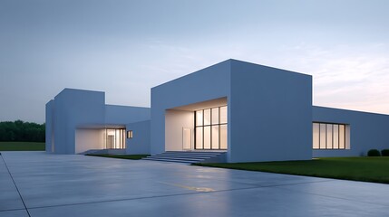 Modern architectural design rural setting exterior view minimalist style evening light