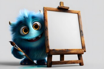 Adorable Blue Monster Peeking from Behind Easel with Paintbrush