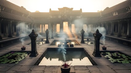 Serene ancient stone temple courtyard at dawn with incense smoke curling around lotus ponds and carved pillars, soft mist diffusing warm sunrise rays through arched gateways, zen wellness visual
