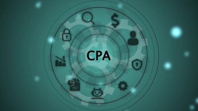 CPA concept with interconnected icons and with gears background Keywords: CPA, certified public accountant, finance, accounting, business, tax, audit