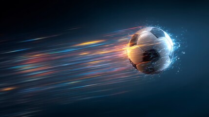 A soccer ball streaks through the air with vibrant light trails, hinting at speed and motion against a dark blue background
