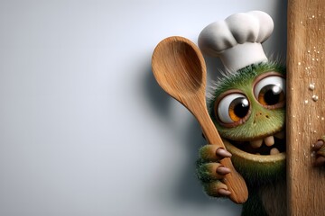 Cute Monster Chef Peeking with Spoon and Chef Hat