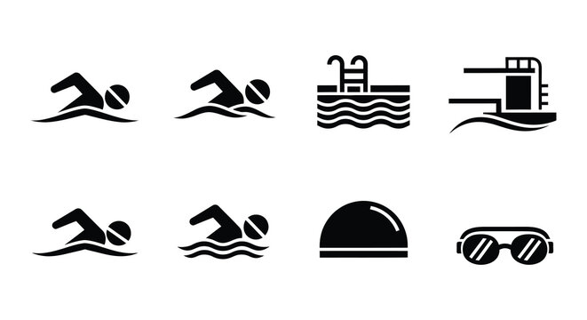 Black and white icons depicting various aquatic sports and related equipment