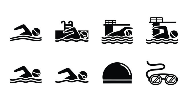Black and white icons depicting various aquatic sports and related equipment