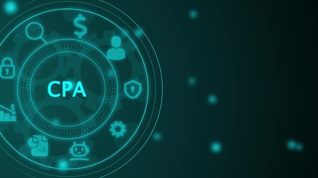 CPA concept with interconnected icons and with gears background Keywords: CPA, certified public accountant, finance, accounting, business, tax, audit