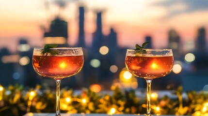 Romantic rooftop dinner setting at sunset featuring beautiful tea infused cocktails served in elegant glasses surrounded by fairy lights and a stunning city skyline as a backdrop