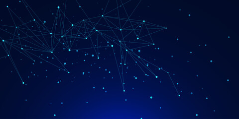 Abstract connected glowing nodes and lines on dark blue background. Futuristic network connection and big data visualization. Suitable for technology innovation and science. Vector