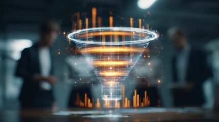 A vibrant, futuristic funnel graphic floats above a blurred conference table with business people in the background, a digital concept