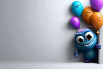 Cute Blue Monster Peeking with Colorful Balloons and Copy Space