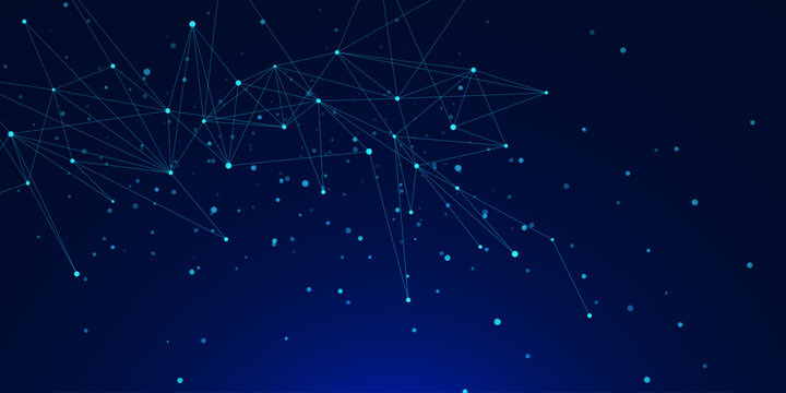 Abstract connected glowing nodes and lines on dark blue background. Futuristic network connection and big data visualization. Suitable for technology innovation and science. Vector