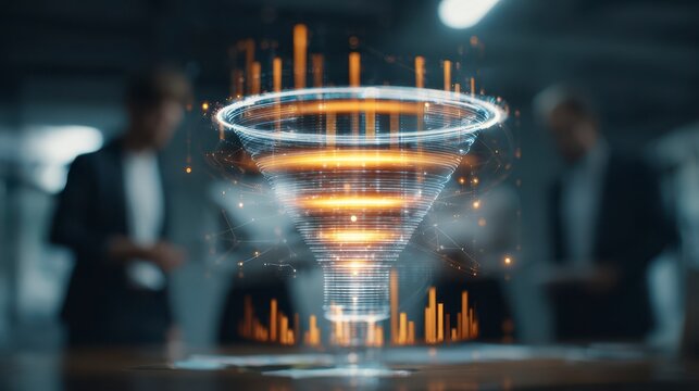 A vibrant, futuristic funnel graphic floats above a blurred conference table with business people in the background, a digital concept