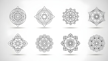 Minimalist grayscale mandala shape collection with nested circles, triangles, and floral elements arranged in grid layout, vector format optimized for wellness branding