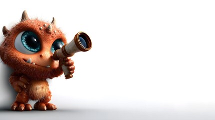 Cute Orange Monster with Telescope Peeking on White Background