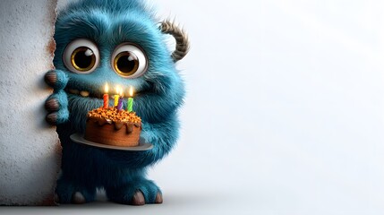 Cheerful Blue Furry Monster with Birthday Cake and Copy Space
