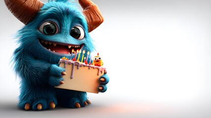 Adorable Blue Fluffy Monster with Birthday Cake and Lit Candles