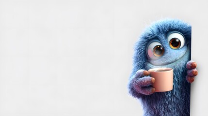 Cute Blue Furry Monster Peeking with Coffee Mug on White Background