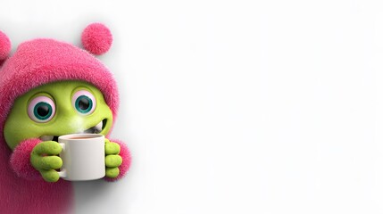 Cute Green Monster in Pink Fluffy Hood Holding Steaming Mug