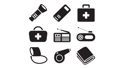 Collection of emergency icons including first aid kits and communication devices displayed on a white background