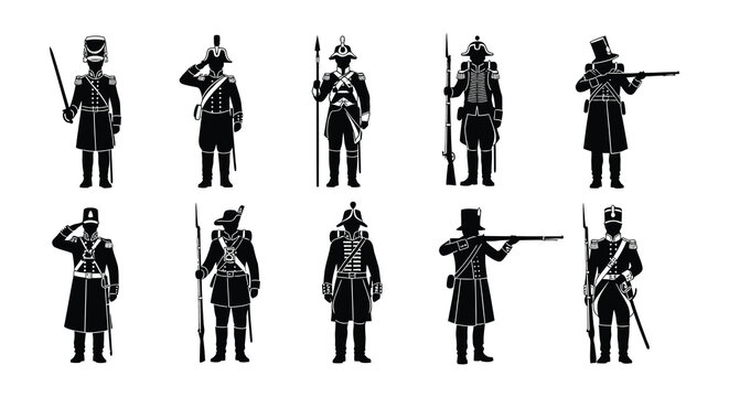 Silhouette depictions of napoleonic soldiers in various military poses and uniforms