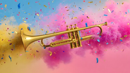 Golden Trumpet Celebration Dynamic Smoke Confetti Festive Mood Energetic Jazz Music Lifestyle Photography Stock Image