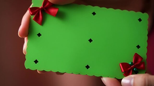 female hands holding green greeting card with red bows chromakey
