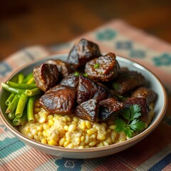 Traditional Kenyan food.  A serving of nyama choma with ugali and greens. Grilled meat served with a thick maize porridge.