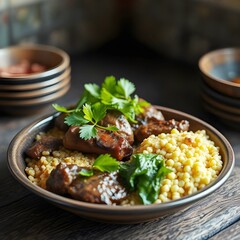 Traditional Kenyan food.  A serving of nyama choma with ugali and greens. Grilled meat served with a thick maize porridge.