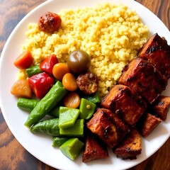 Traditional Kenyan food.  A serving of nyama choma with ugali and greens. Grilled meat served with a thick maize porridge.