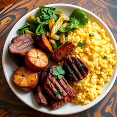 Traditional Kenyan food.  A serving of nyama choma with ugali and greens. Grilled meat served with a thick maize porridge.