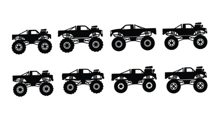 A collection of black and white illustrations depicting several monster trucks © Begum