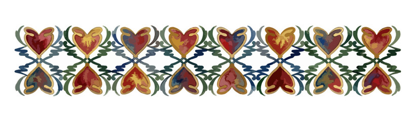Vintage Seamless watercolor heart border. Vintage decorative divider with colorful ornamental hearts. Retro ornamental frieze with grunge texture. Multicolor boho style border.