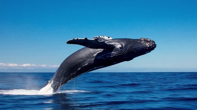 A powerful humpback whale leaps dramatically from the ocean, splashing water into the air