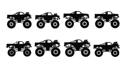A collection of black and white illustrations depicting several monster trucks © Begum