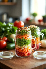 Healthy Layered Vegetable Salad Jars with Carrots and Beets on Wooden Table
