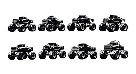 A collection of black and white illustrations depicting several monster trucks © Begum