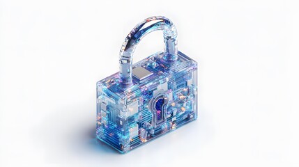Isometric three dimensional icon of a secure padlock with digital circuits representing cyber security and data protection on white background