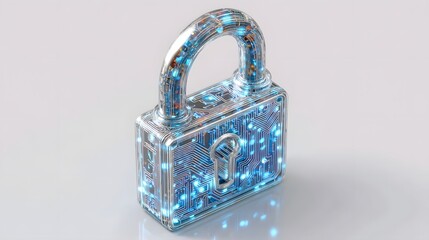 Isometric three dimensional icon of a secure padlock with digital circuits representing cyber security and data protection on white background