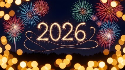 New Year 2026 Fireworks Celebration With Sparkling Light Trails Festive Bokeh Lights and Colorful Night Sky Background
