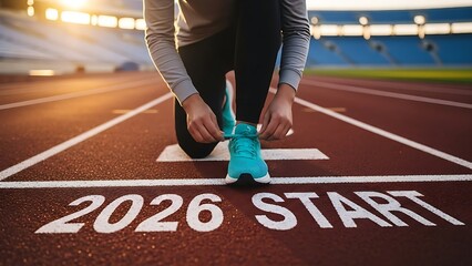 Athlete tying shoelaces at start line with 2026 goal prepares for a fresh start in 2026, tying their laces at the starting line of a professional track under the soft glow of a morning sunrise