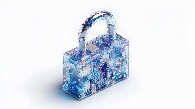 Isometric three dimensional icon of a secure padlock with digital circuits representing cyber security and data protection on white background - Powered by Adobe