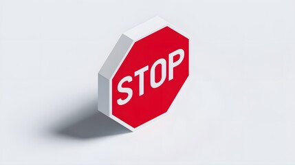 Isometric three dimensional red stop sign standing on a platform representing prohibition and safety warning on white background