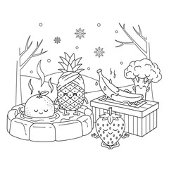 Fruits enjoying sauna and onsen relaxation in winter mountain landscape line art