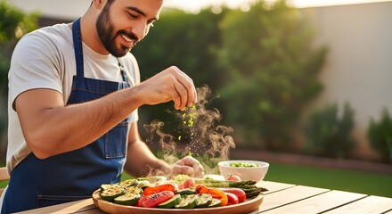 Smiling man seasoning freshly grilled vegetables outdoors for a healthy eating and wellness lifestyle concept