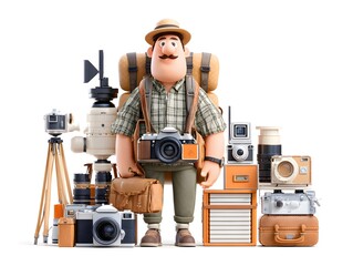 Creative three dimensional plump cartoon photographer holding a professional camera ready to take photos on a white background