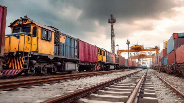 Freight train with shipping containers moves through a busy industrial railyard at dusk