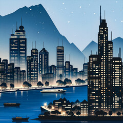 Urban Skyline at Dusk with Illuminated Buildings and Waterway