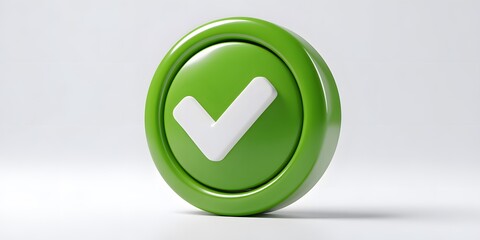 Three dimensional glossy green round badge featuring a bold white check mark symbolising success approval and correct choice on a white background