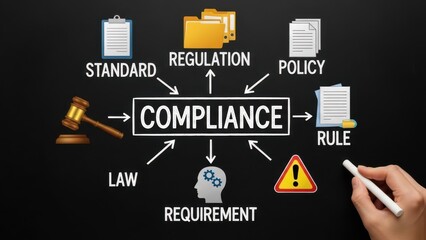 Compliance concept with related words and icons on black background