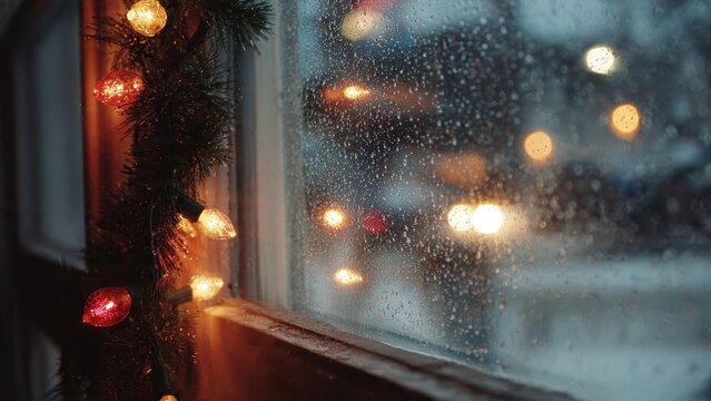 Warm holiday Christmas lights and garland decorating a wet window pane with blurry rain drops and city street bokeh lights outside on a cold winter night. - Powered by Adobe