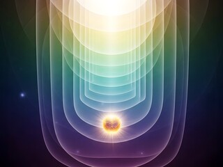 Abstract Rainbow Light Tunnel Leading to a Glowing Energy Orb in Dark Space, Symbolizing Future, Technology, and Spiritual Journey